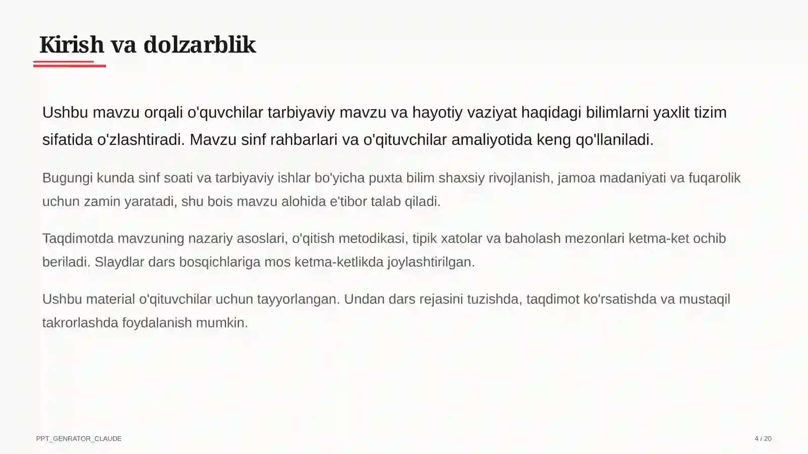 Sinf soati va tarbiyaviy tadbirlar (1–11) — o'qituvchilar uchun 4