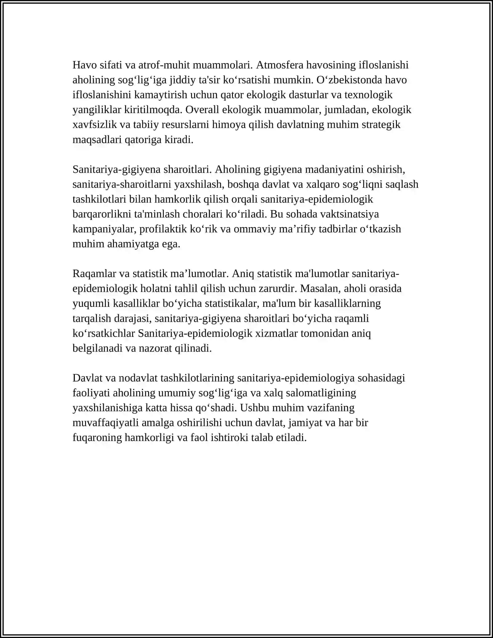 MUSTAQIL ISH Mavzu: 2015-YILDAGI "AHOLINING SANITARIYA-EPIDEMIOLOGIK OSOYISHTALIGI TOG'RISIDA QONUNI"GA UMUMIY TARIF 4
