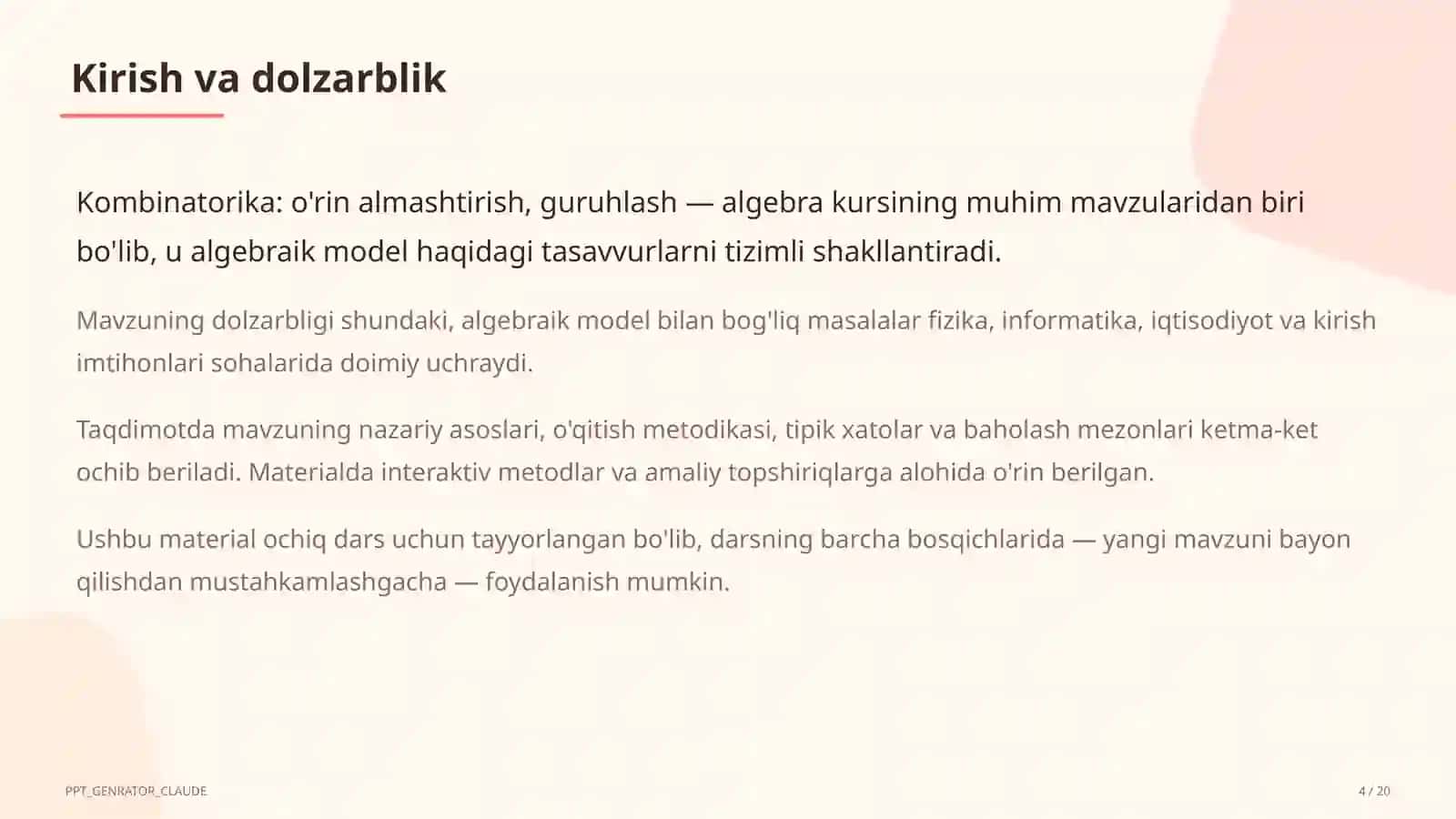 Kombinatorika: o'rin almashtirish, guruhlash (9-sinf) 4