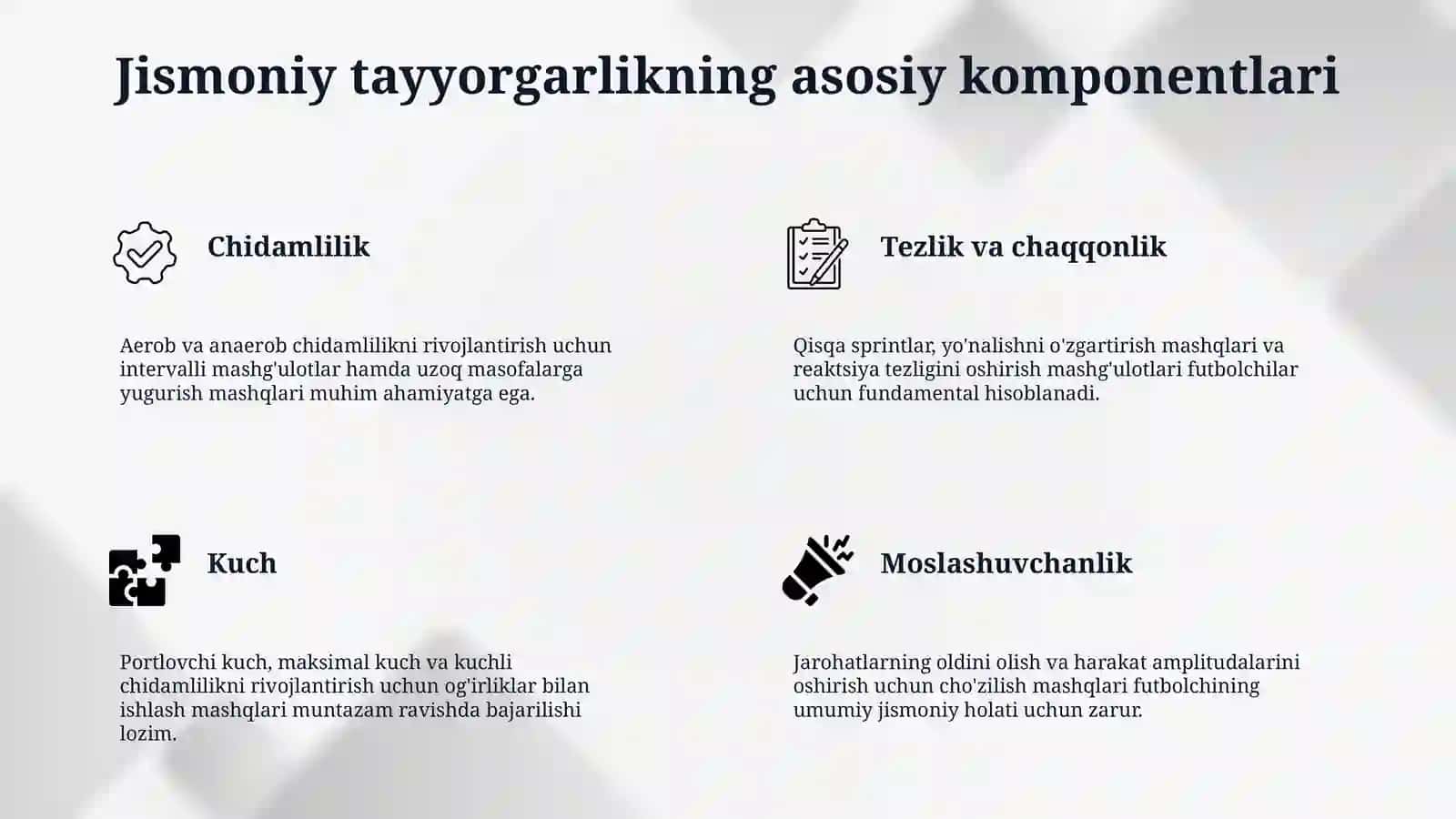 Futbolchilarning malakasi va sport tayyorgarligi. 4