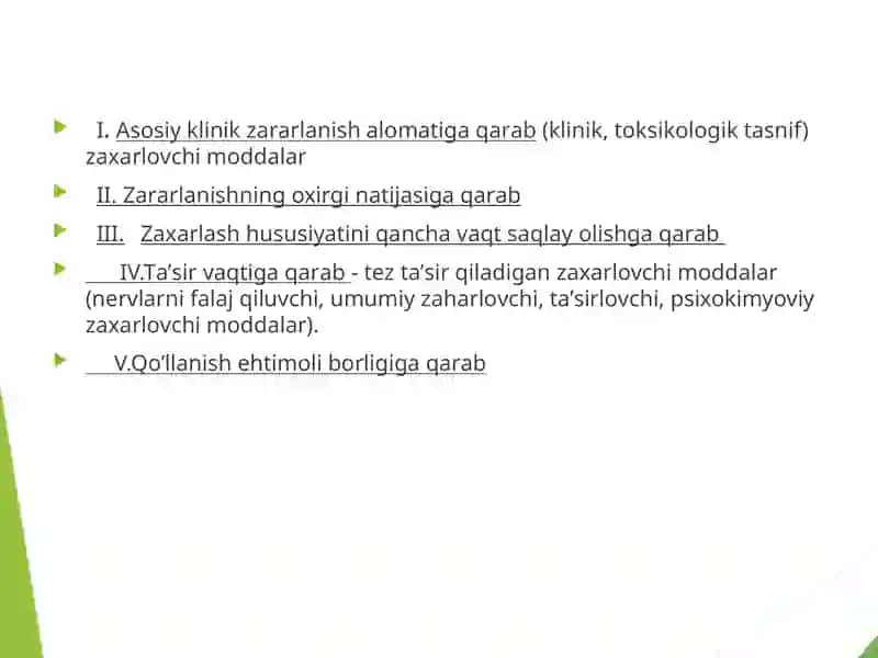 Kimyoviy qurol. Zaxarli moddalarning tasnifi. Kimyoviy vaziyatni baholash 4