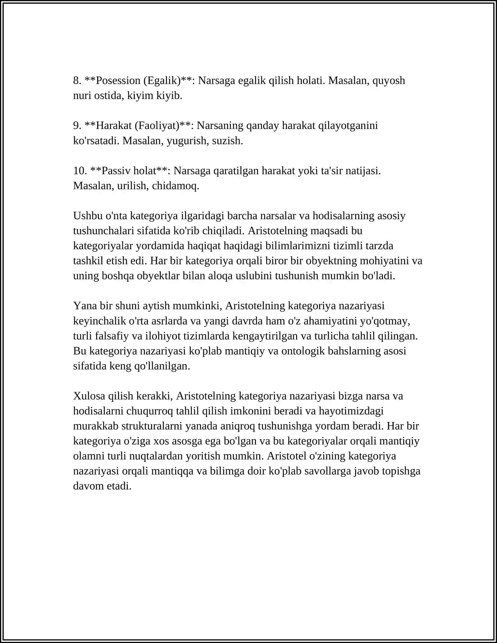 ARISTOTEL, FOROBIY VA KANT ONTOLOGIYASIDA KATEGORIYALRNING TASNIFI 4