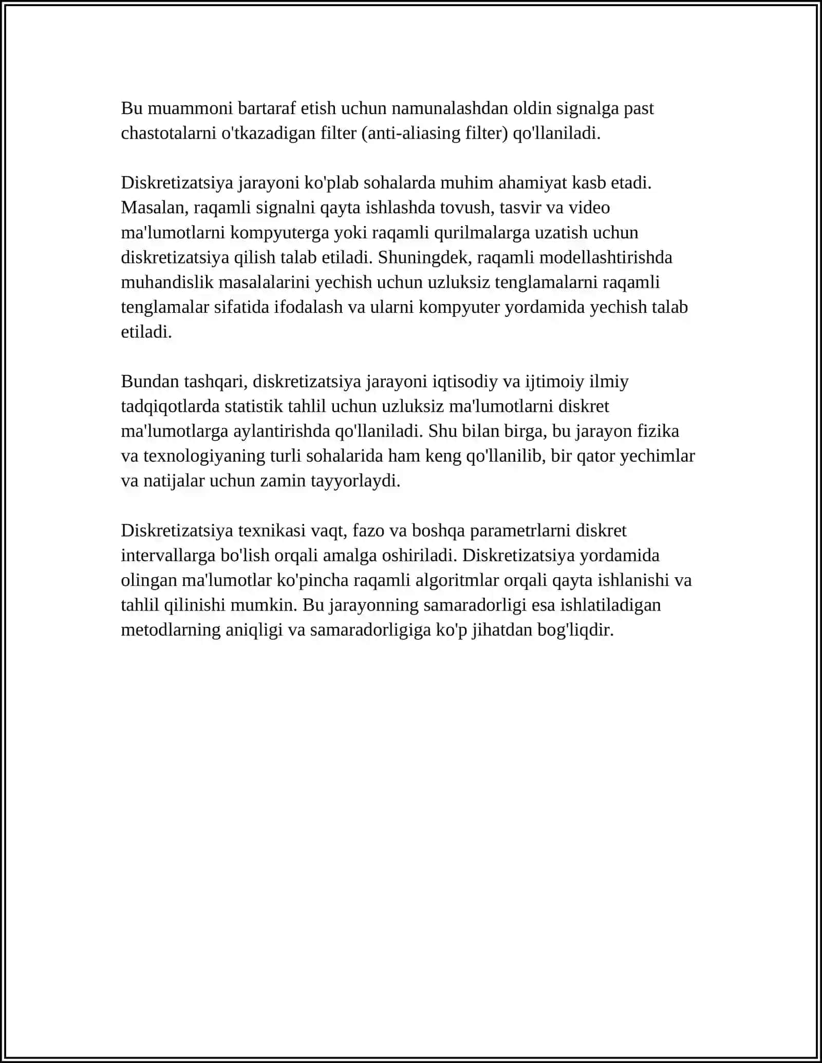 MUSTAQIL ISH Mavzu: UZLUKSIZ SIGNALLARNI BIR XIL ORALIQLARDA DISKRETIZATSIYALASH 4