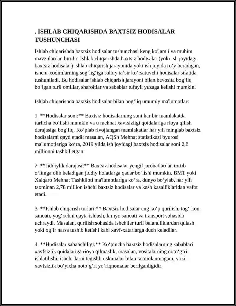 ISHLAB CHIQARISHDAGI BAXTSIZ HODISALARNI VA XODIMLAR SALOMATLIGINING BOSHQA XIL ZARARLANISHINI TEKSHIRISH VA HISOBGA OLISH TO'G'RISIDAGI NIZOMNI TAHLILI 4