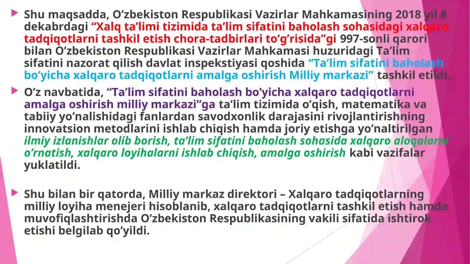 O’zbekiston respublikasining ta’lim siyosati.Xalqaro baholash tadqiqotlari 4