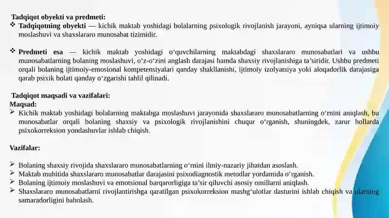 Bolaning maktabda shaxslararo munosabatining ahamiyati mavzusida kurs ishi himoyasi uchun taqdimot 4