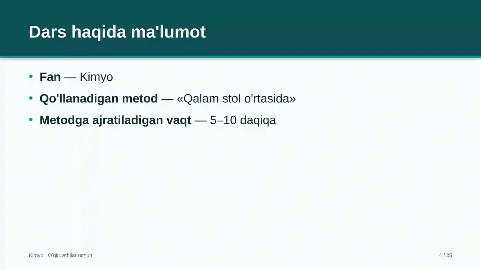kimyo darslarida qalam stol o'rtasida metodidan foydalanish 7174 4