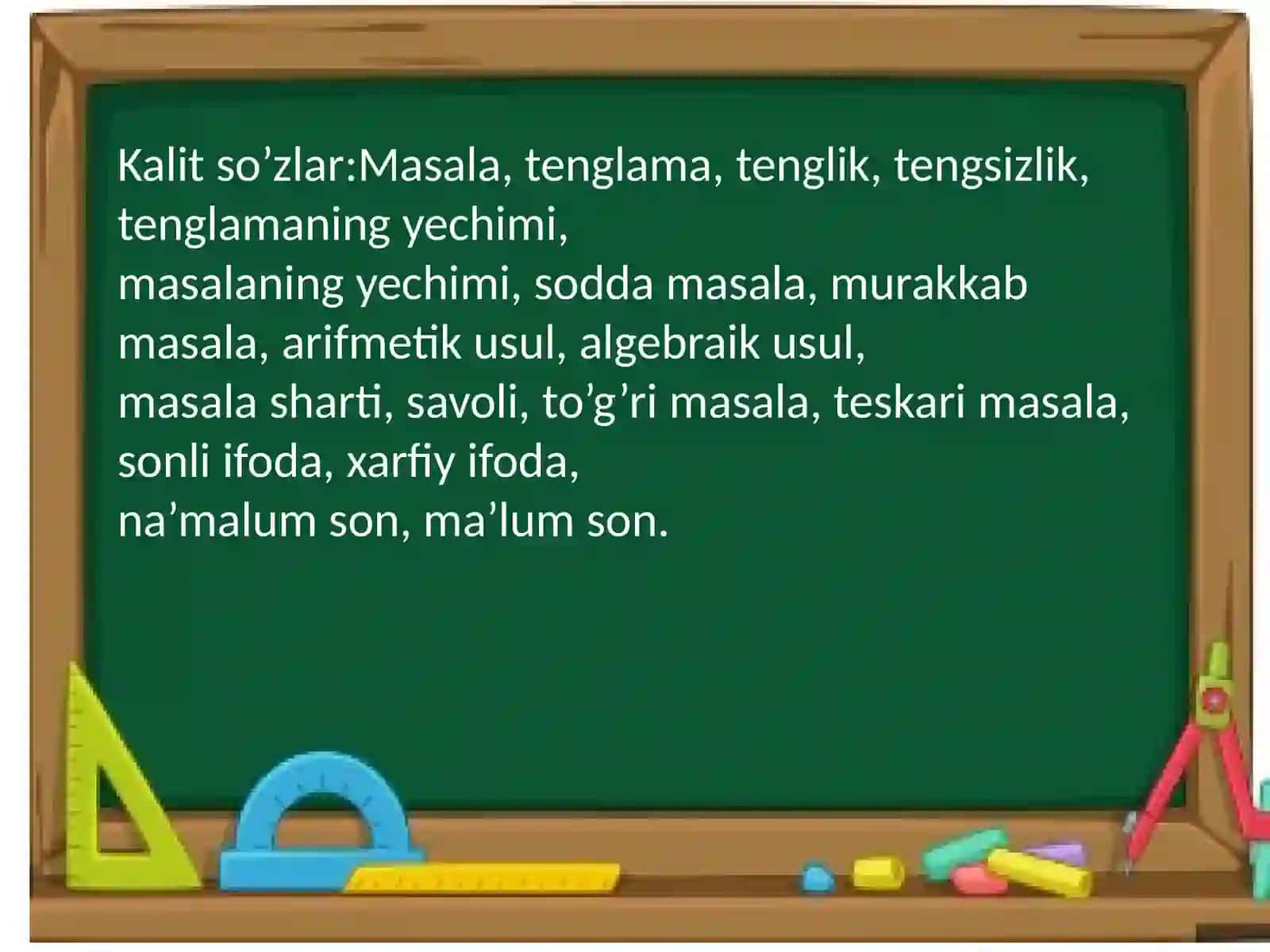 Ma’lumotlar bilan ishlash. Masalalarni tenglama va jadval tuzib yechish 4