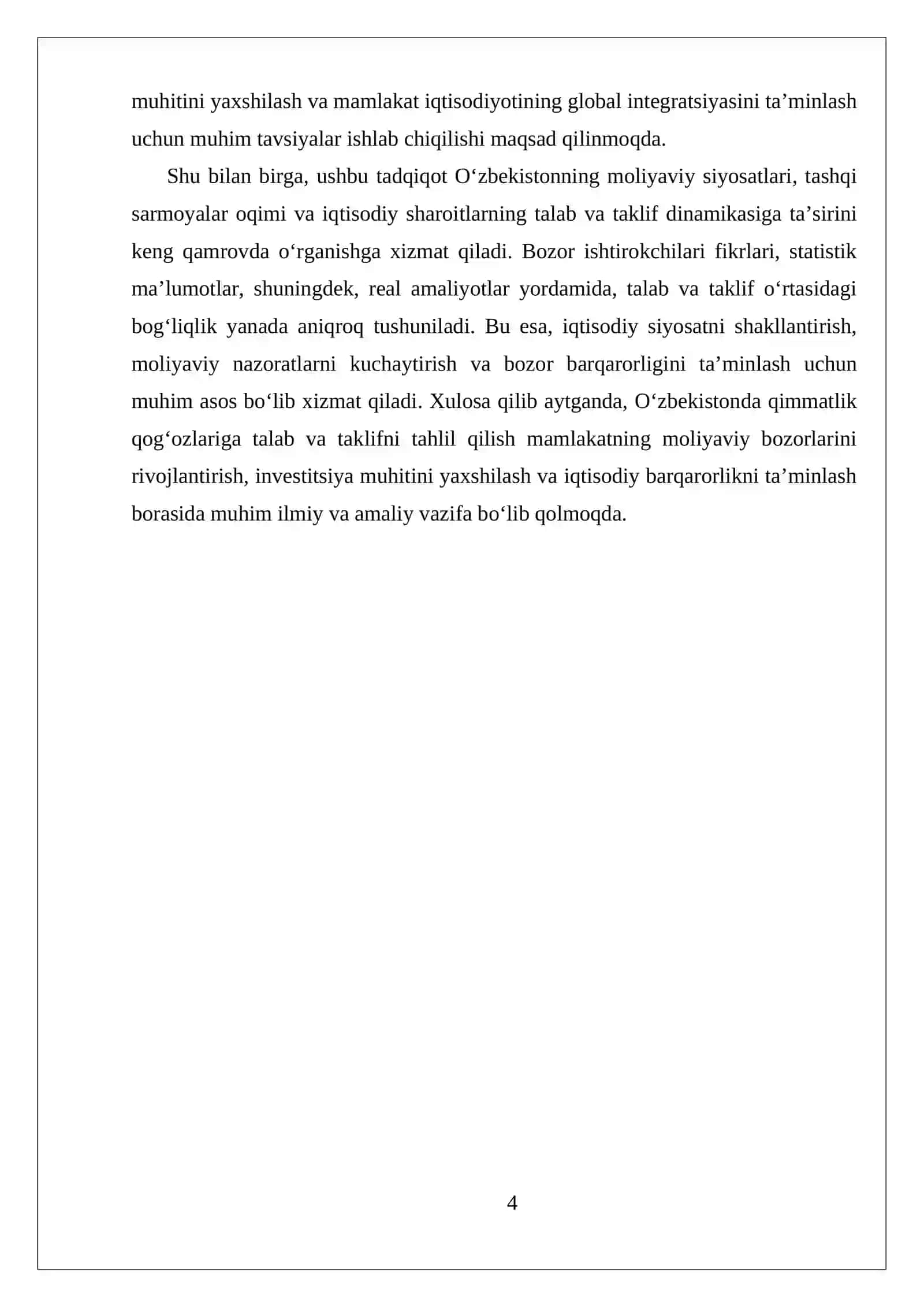 O'ZBEKISTON RESPUBLIKASI OLIY TA'LIM FAN VA INNOVATSIYA VAZIRLIGI IQTISOD FAKULTETI MUSTAQIL ISH 4