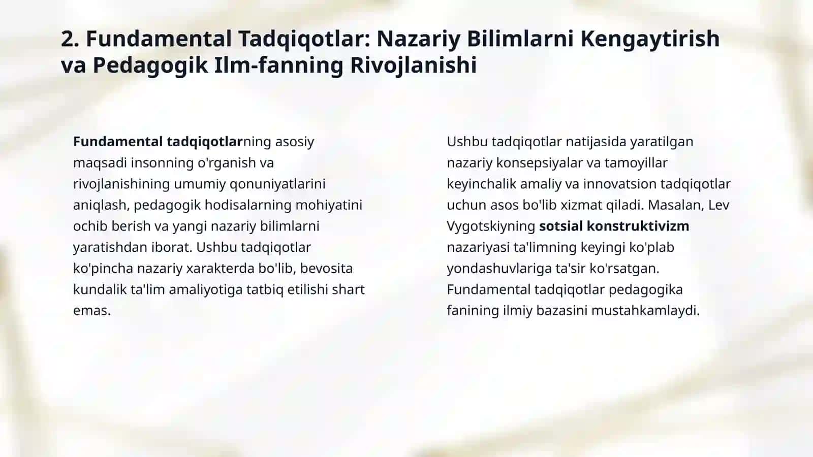 Pedagogikada ilmiy tadqiqotning asosiy tiplari: fudamental amaliy innovatsion konstruktorlik loyhalash 4
