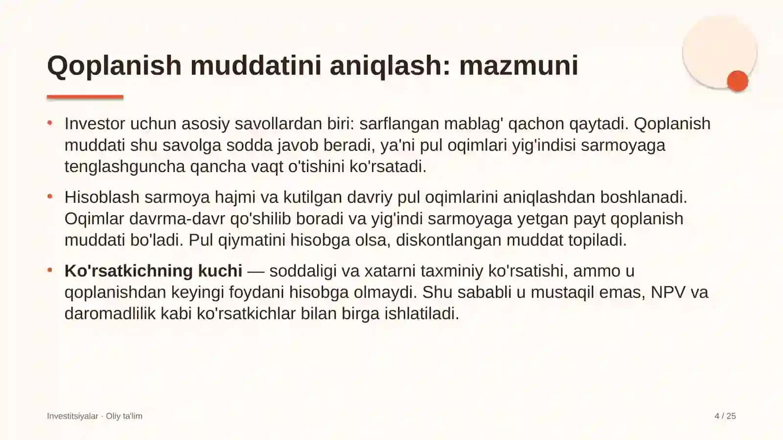 Kir yuvish xizmatida investitsiyalarning qoplanish muddatini aniqlash 4