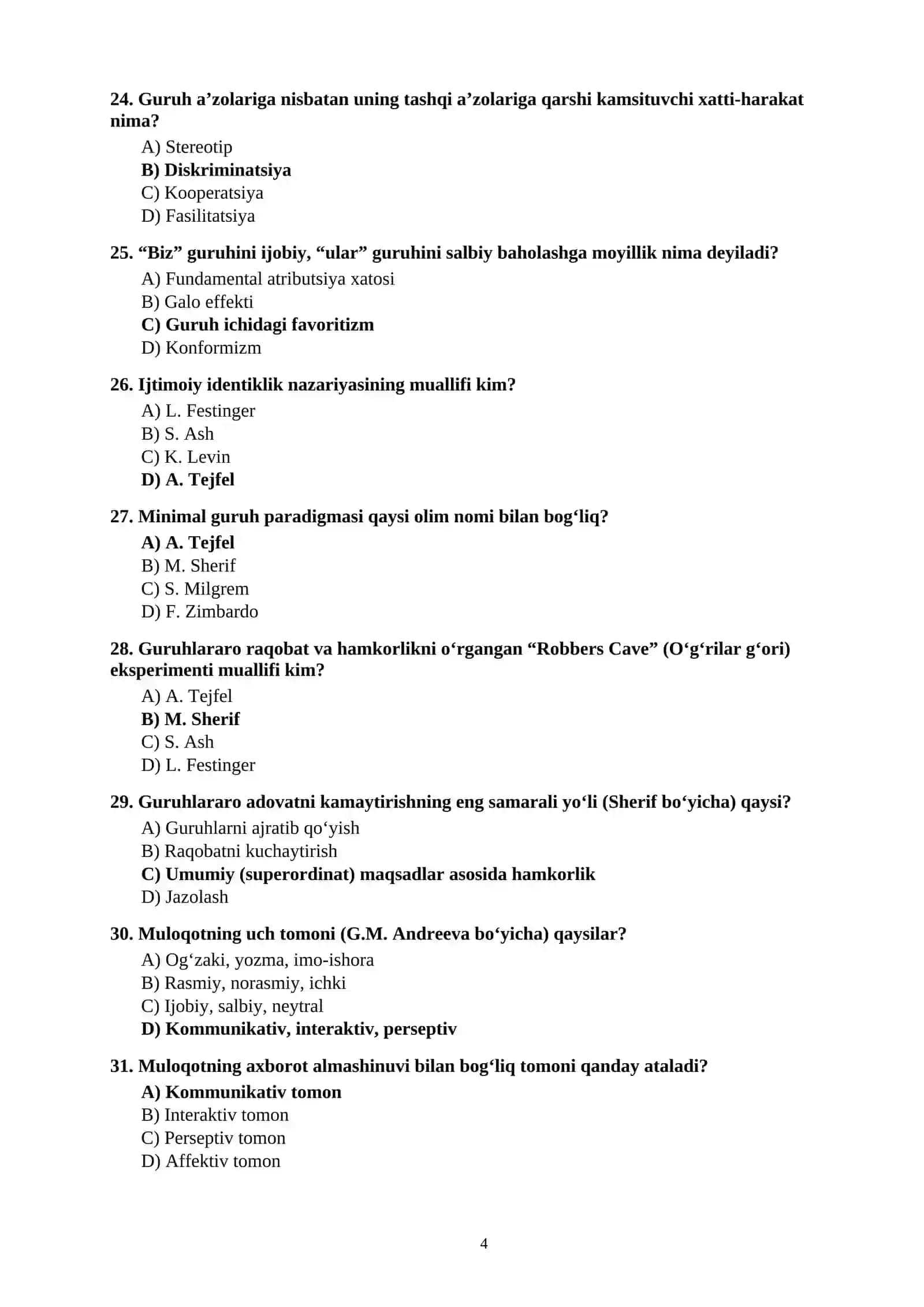 Ijtimoiy Psixologiya Test Savollari 4