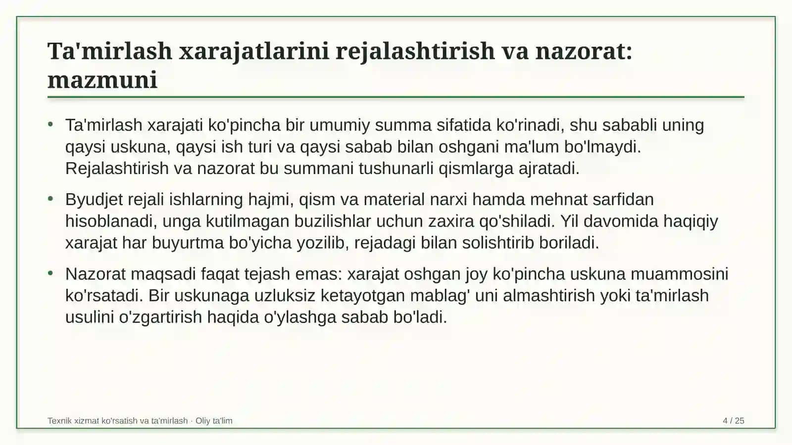 Chegara oldi savdosida ta'mirlash xarajatlarini rejalashtirish va nazorat qilish 4