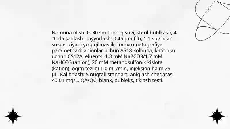 Tuproq suvining ifloslanishida ion bog'lanishli birikmalarni aniqlab ulardan tozalash g'oyasini ishlab chiqish 4