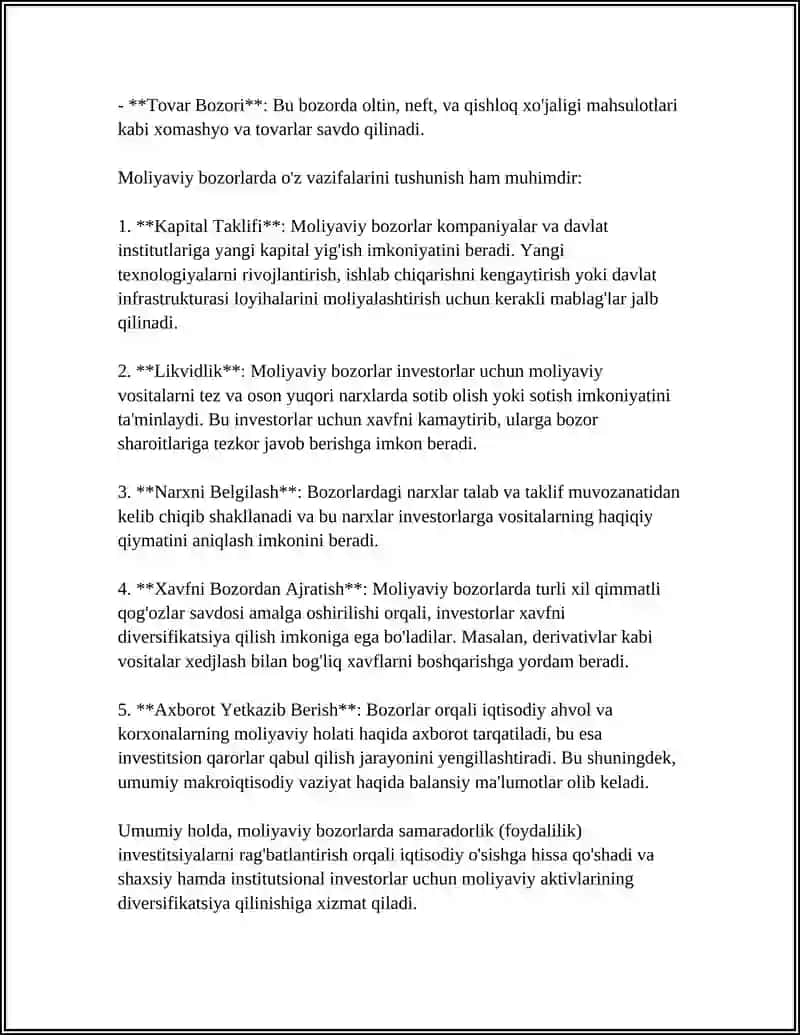 Moliyaviy Bozorlarning Turlari va Vazifalari 4