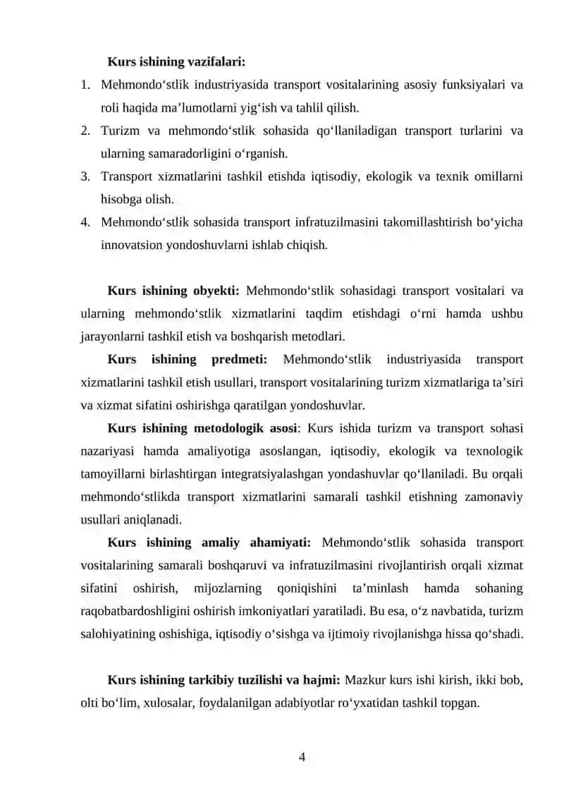 "MEHMONDOʻSTLIK INDUSTRIYASIDA TRANSPORT VOSITALARINING OʻRNI VA AHAMIYATI" KURS ISHI 4