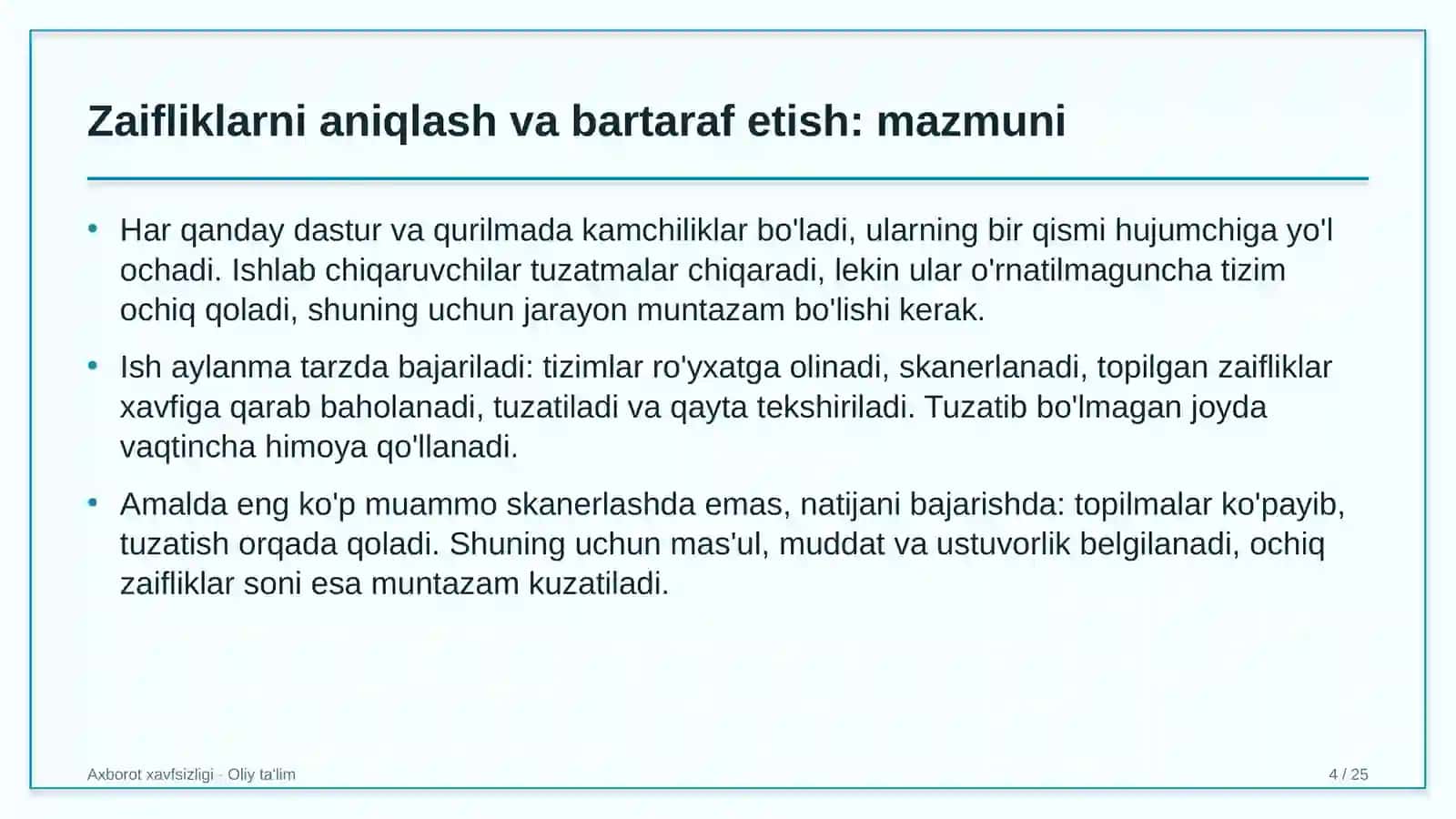 Yo'l xo'jaligida zaifliklarni aniqlash va bartaraf etish 4