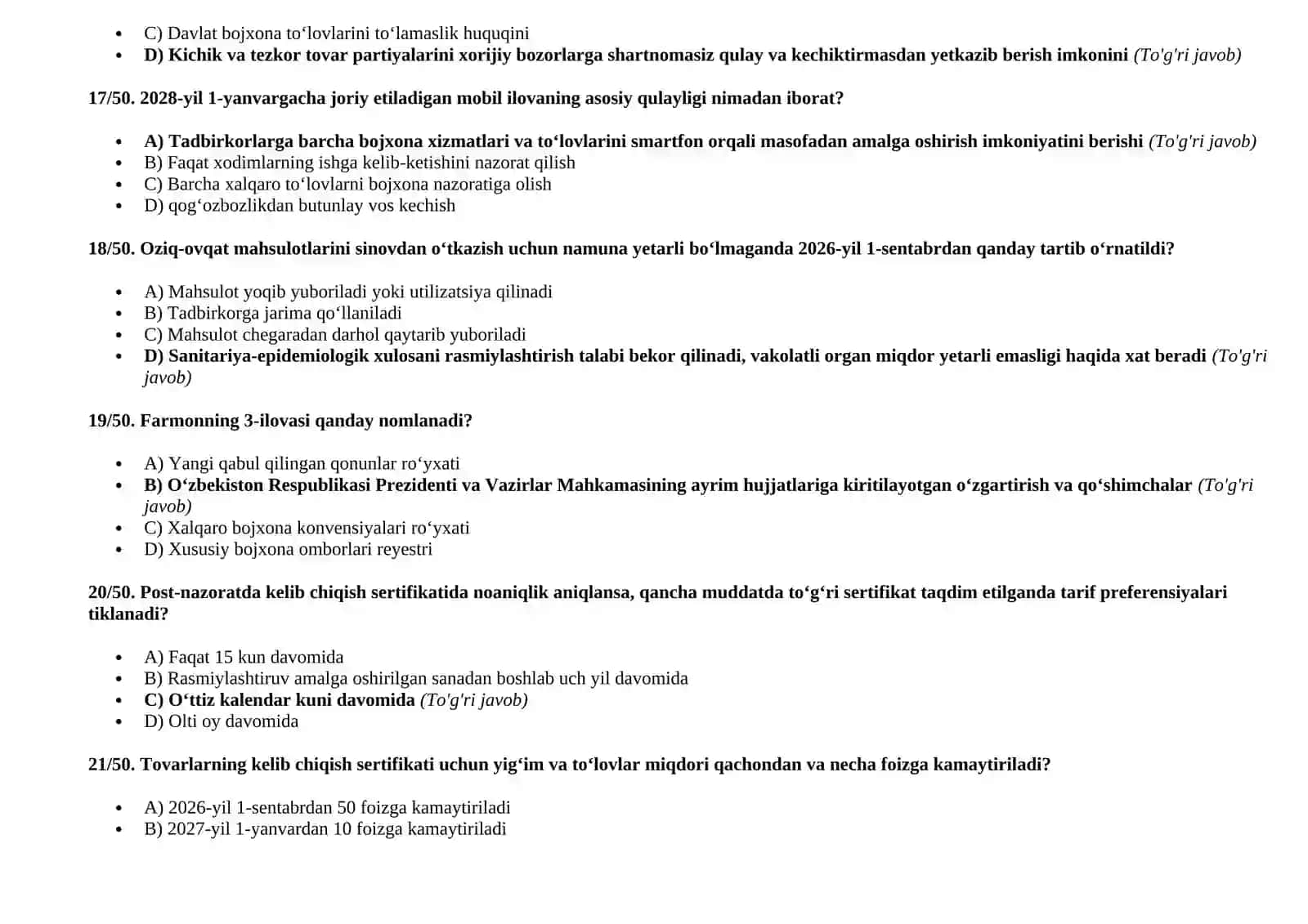 Bojxona testlari javoblari bilan (1–50) 4