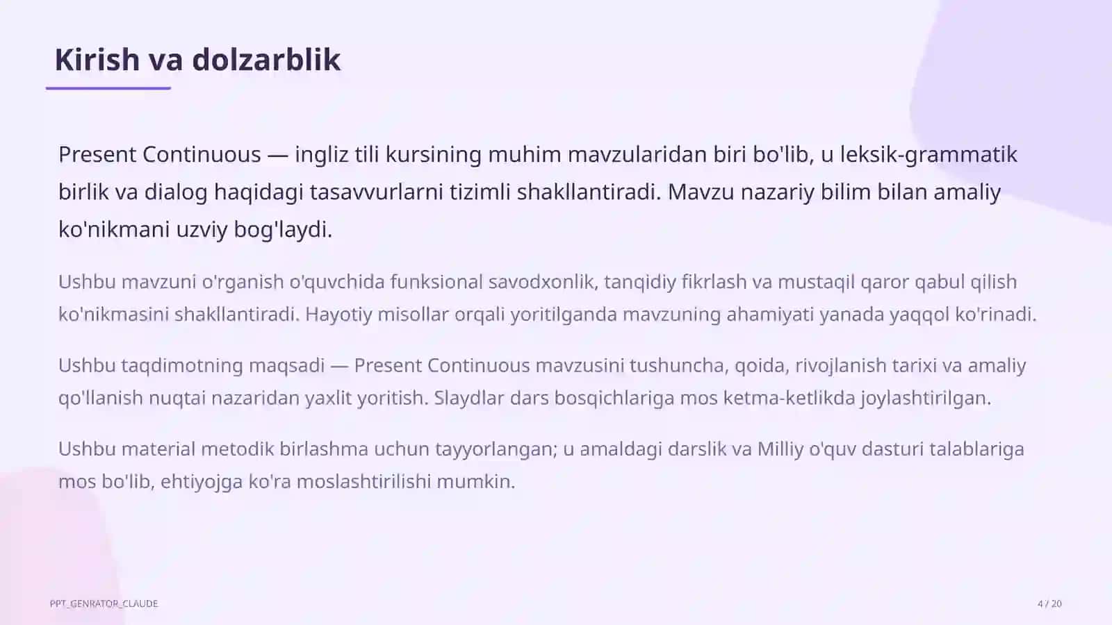 Present Continuous (5-sinf) Ingliz tili (1– 11) — metodik birlashma uchun 4