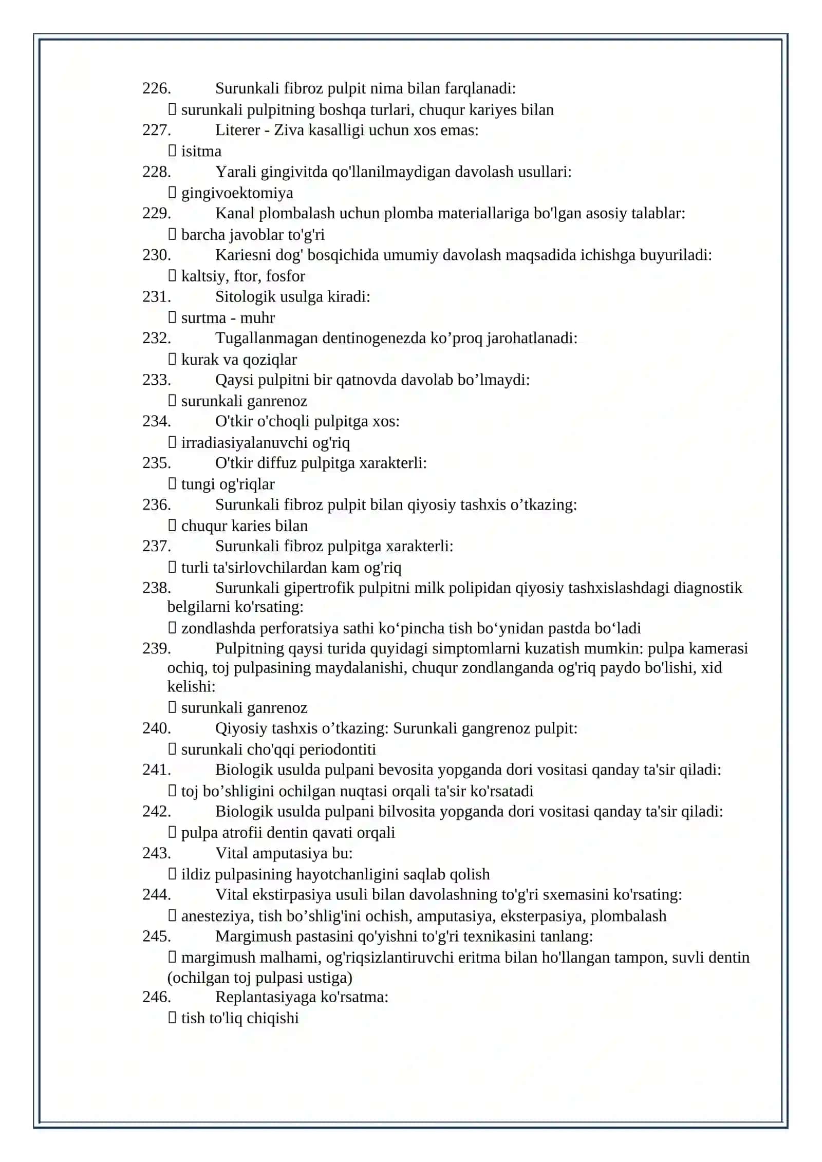 Stomotologiyadan testlar va javoblari to’plami 4