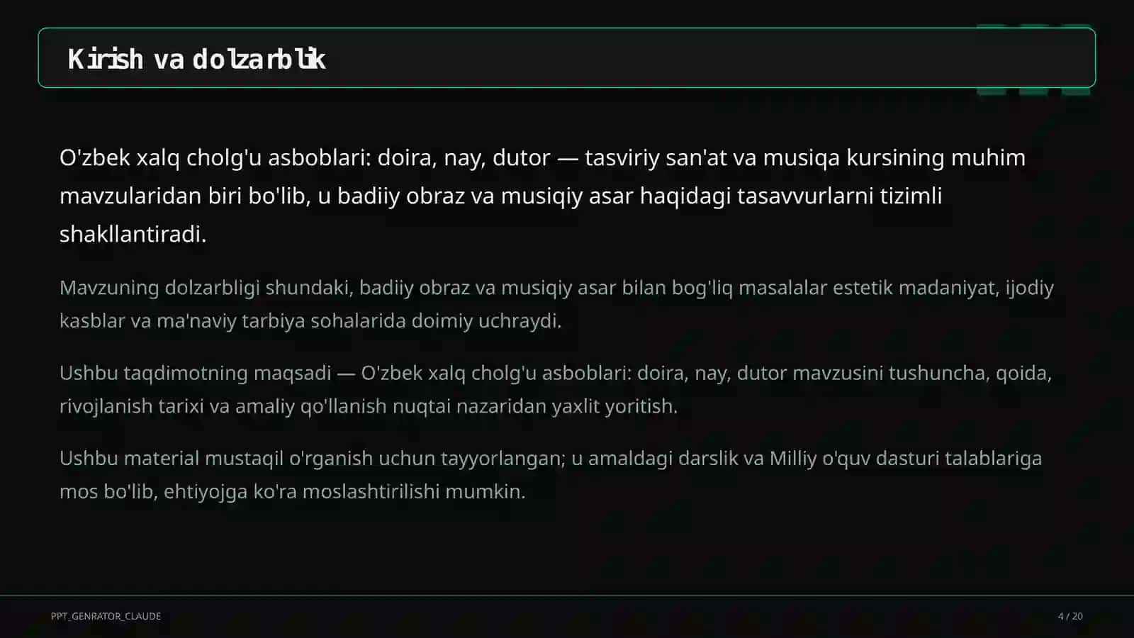 O'zbek xalq cholg'u asboblari: doira, nay, dutor (2-sinf) 4