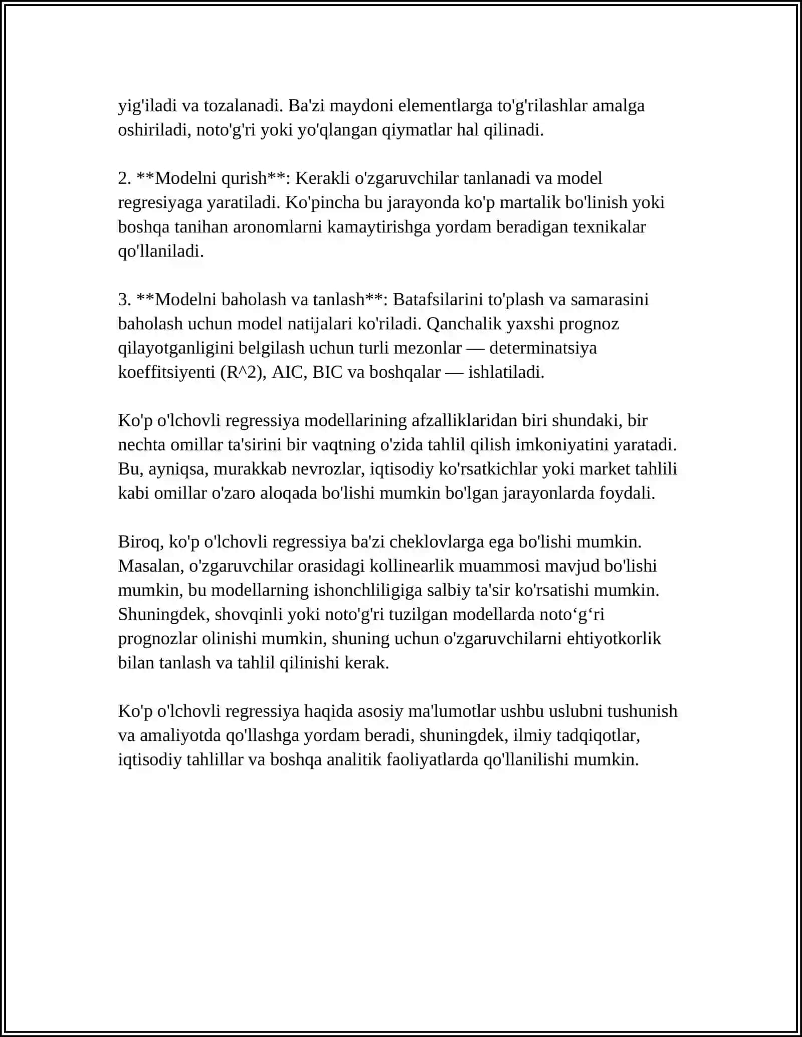 MUSTAQIL ISH Mavzu: KO'P O'LCHOVLI REGRESSIYA 4