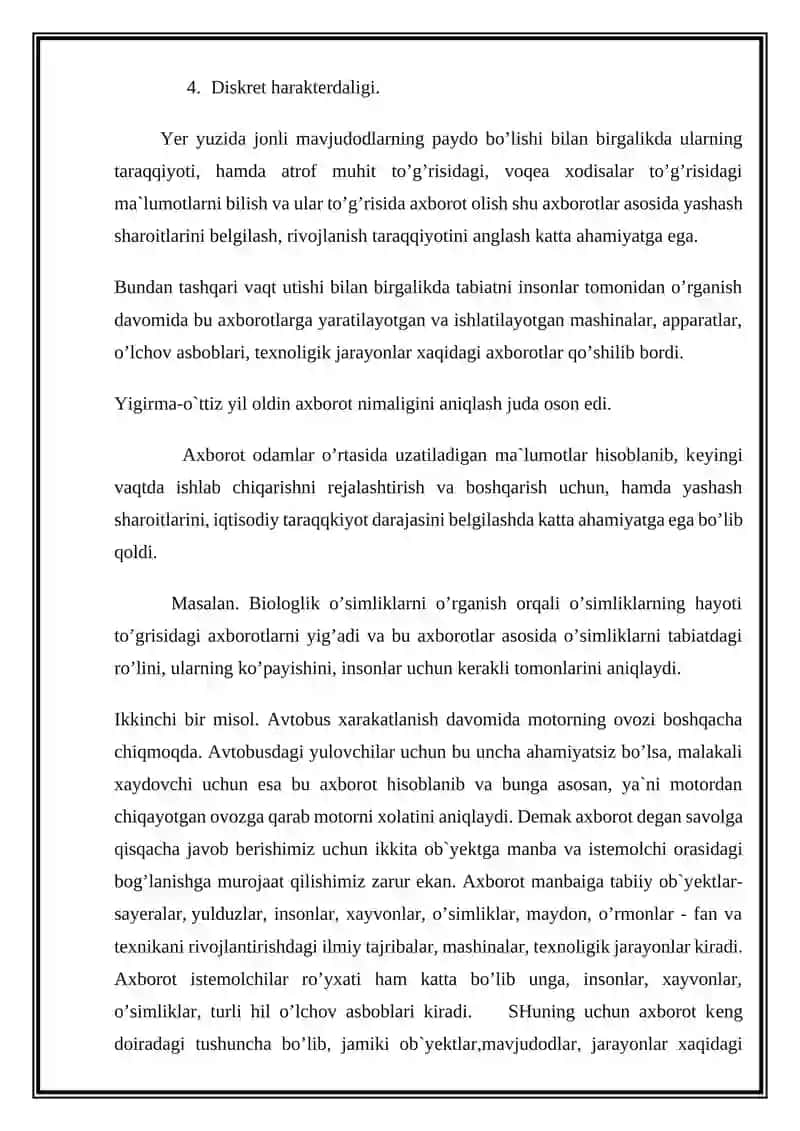 Mavzu: Axborot va uni turlariga turli sohalardan misollar keltiring. 4