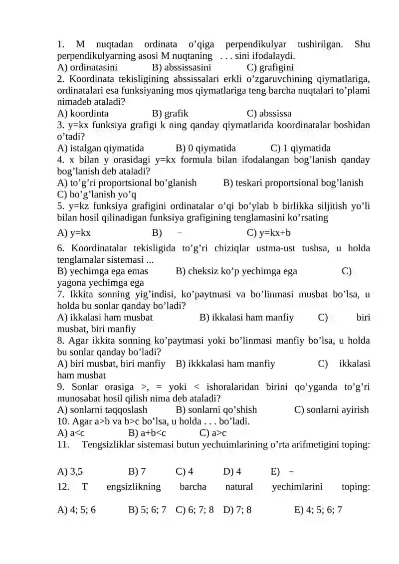 8-sinflar uchun matematika fandan test savollari 4