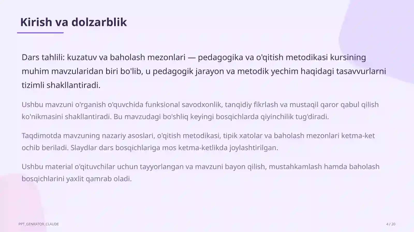 Dars tahlili: kuzatuv va baholash mezonlari 4