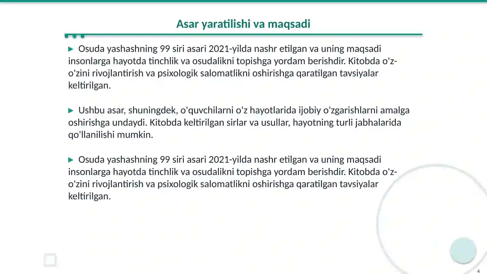 Osuda yashashning 99 siri 1nji kitobi 4