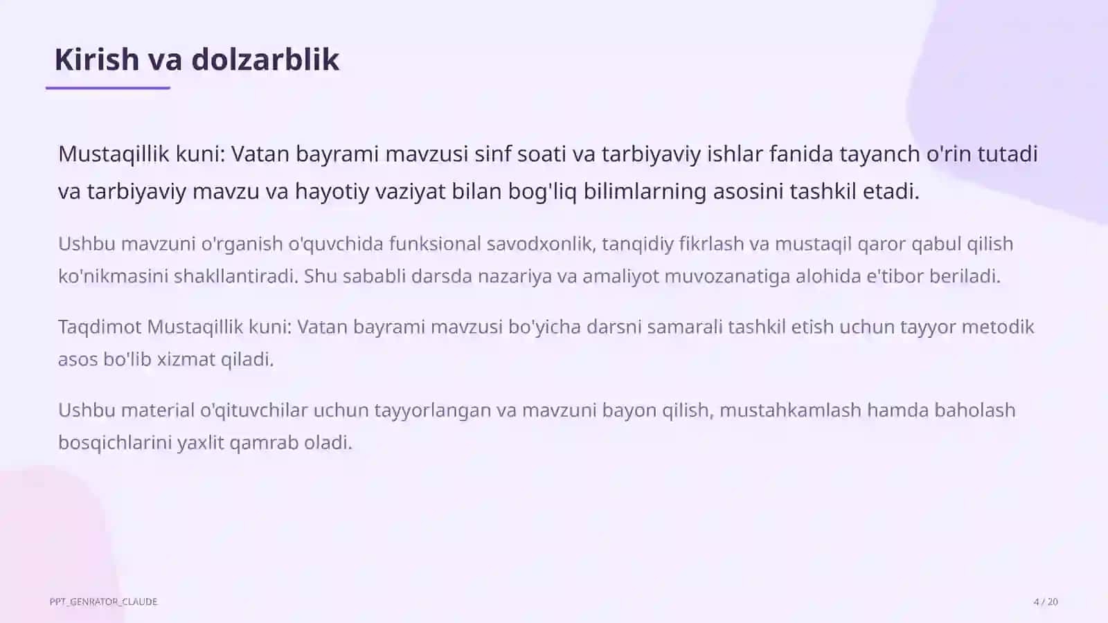 Sinf soati va tarbiyaviy tadbirlar (1–11) — o'qituvchilar uchun 4