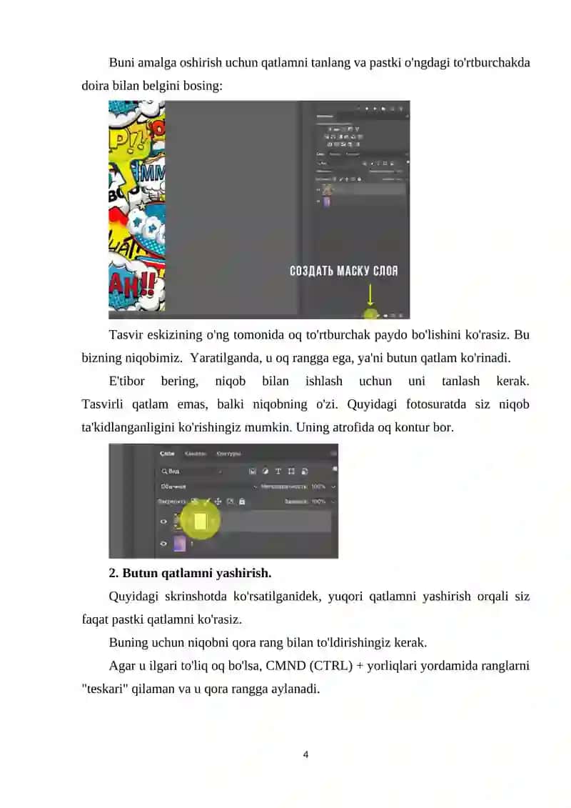 ADOBE PHOTOSHOP DASTURIDA MASKALAR, QATLAMLAR, OB'EKTLAR VA MATN BILASH ISHLASH KO’NIKMASINI SHAKLLANTIRISH 4