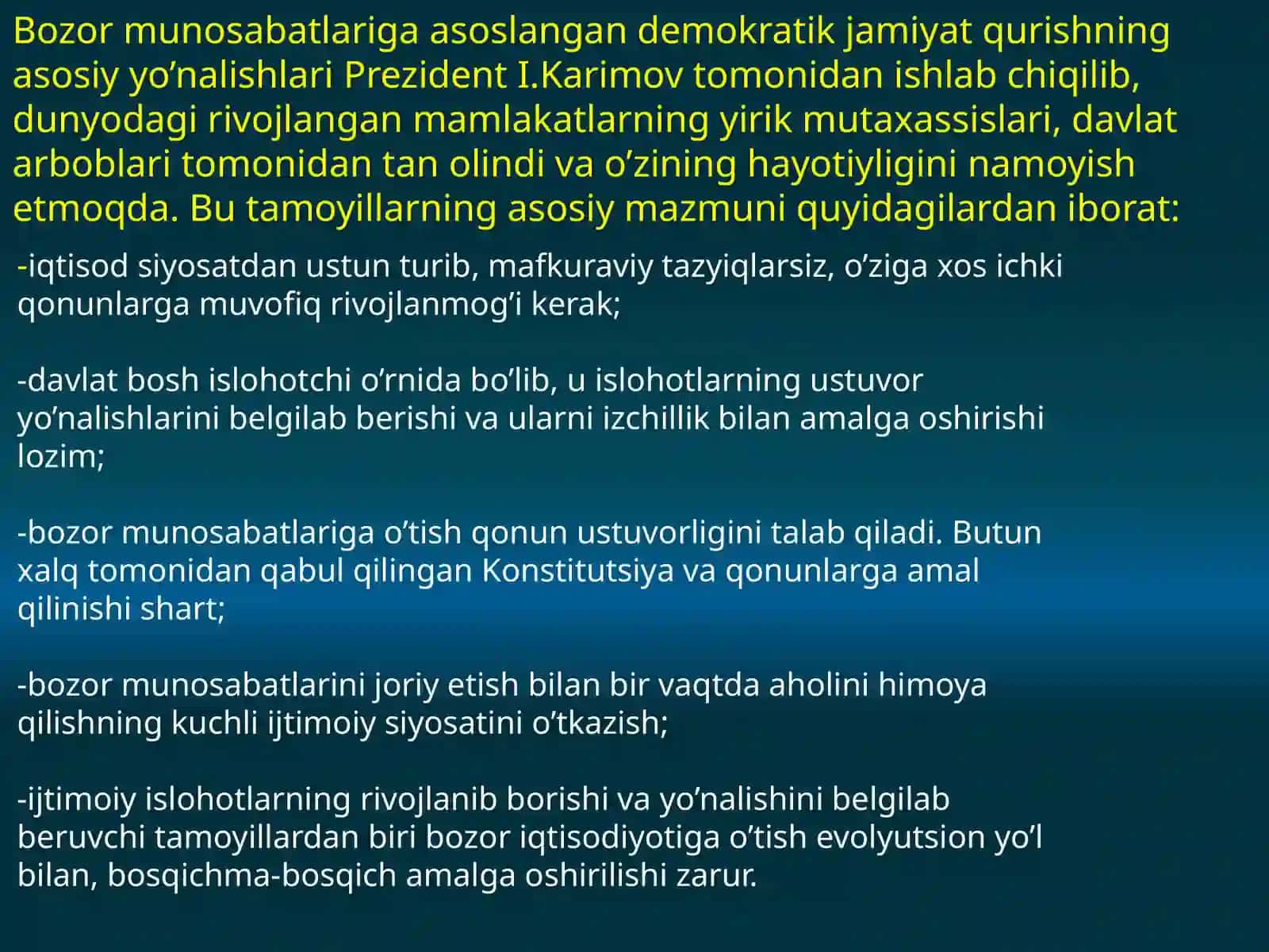 Mustaqil O’zbekistonda bozor munosabatlariga asoslangan iqtisodiy siyosat mazmuni,demokratik asoslari 4
