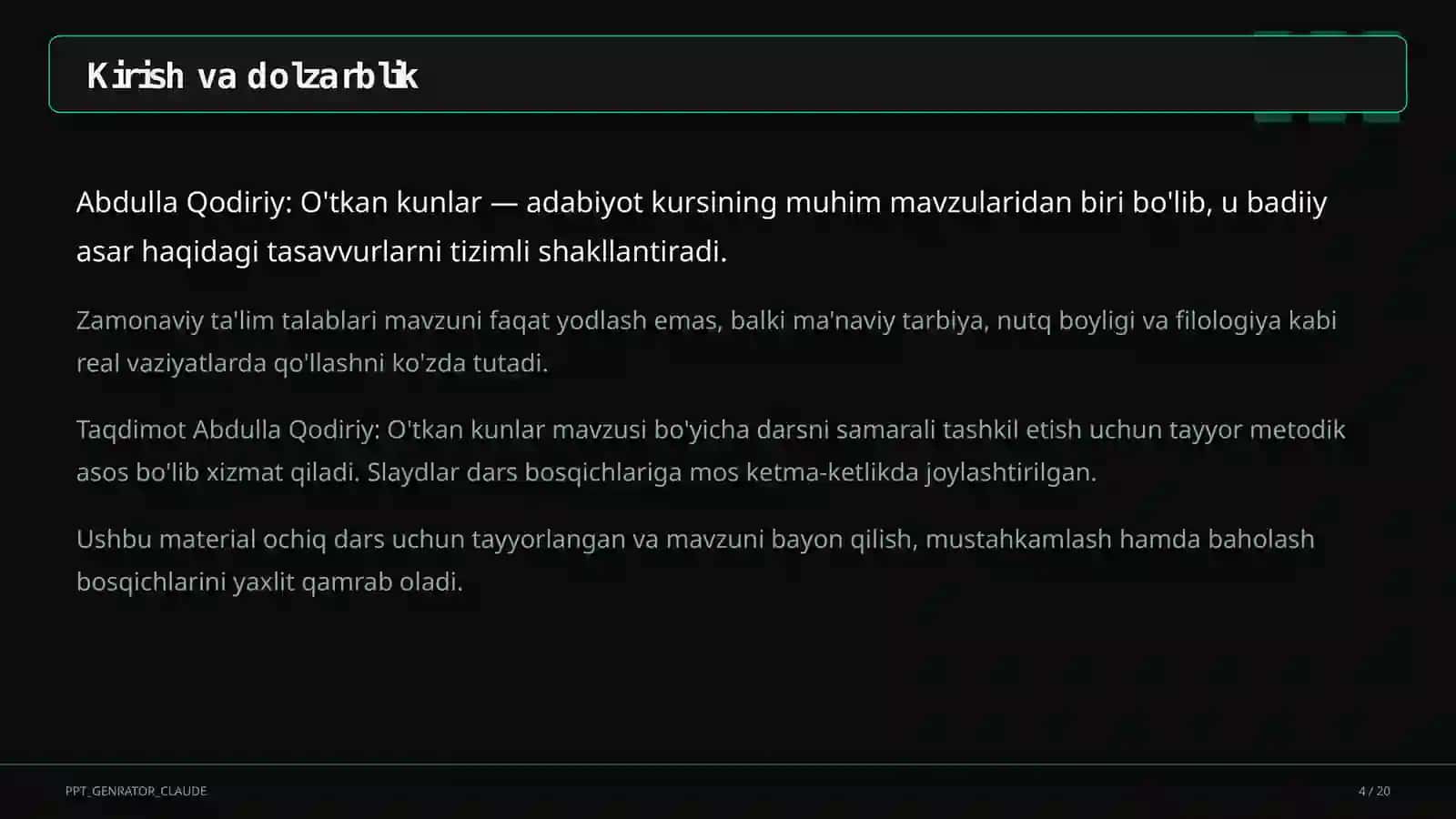Abdulla Qodiriy: O'tkan kunlar (9-sinf) 4