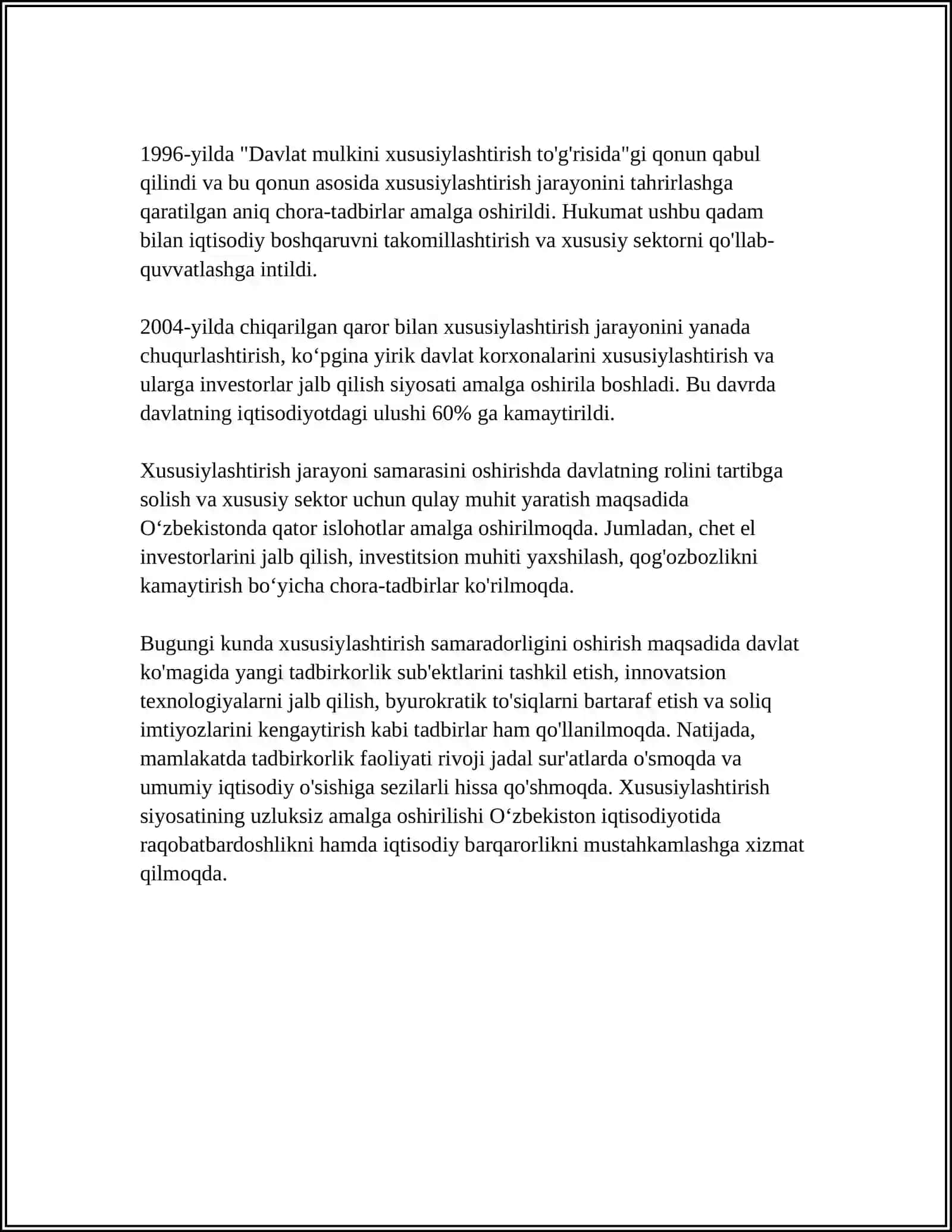 O'ZBEKISTON IQTISODIYOTIDA BOZOR ISLOHOTLARI: XUSUSIYLASHTIRISH,TADBIRKORLIKNI RIVOJLANTIRISH 4