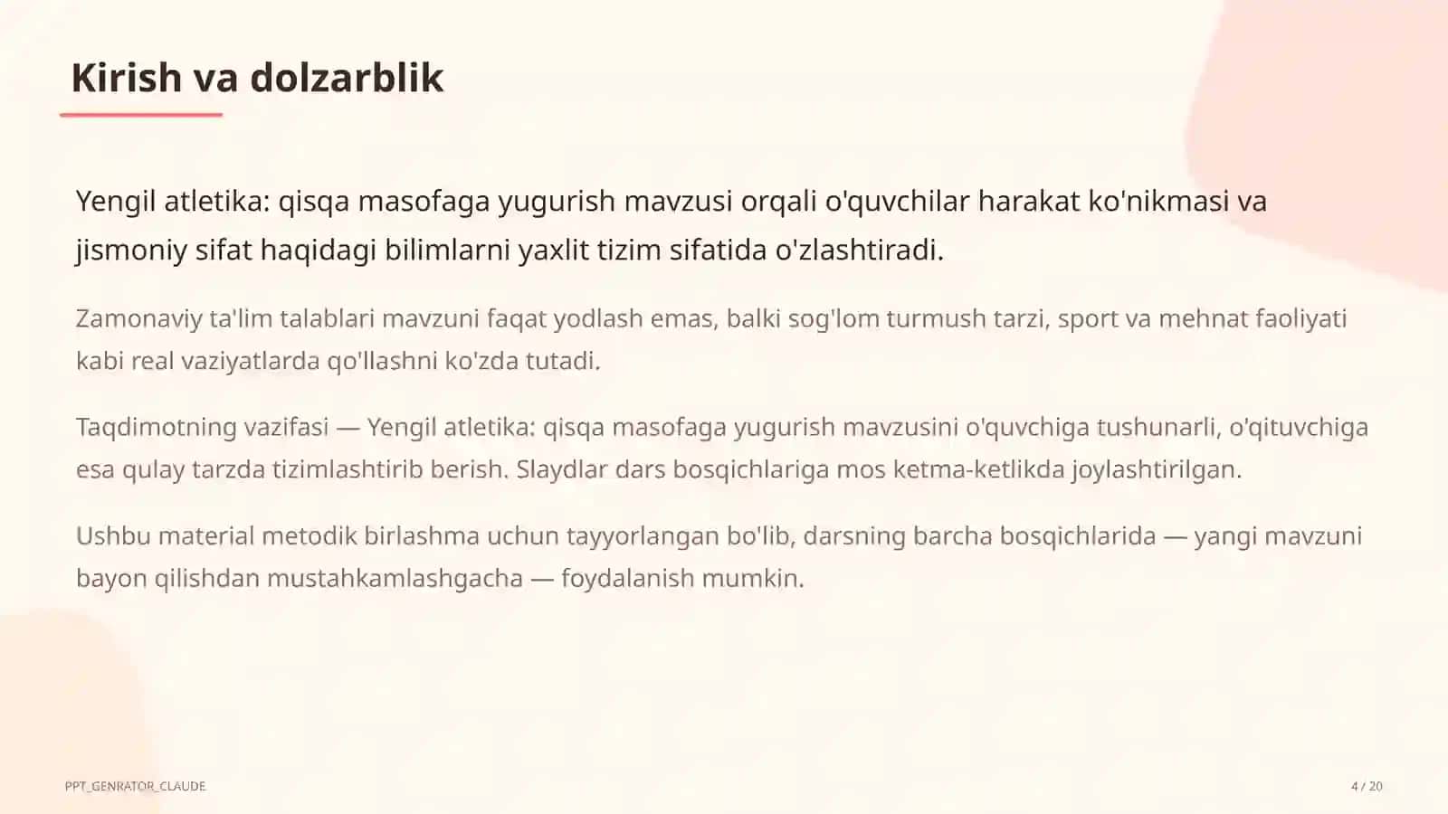 Yengil atletika: qisqa masofaga yugurish (4-sinf) 4