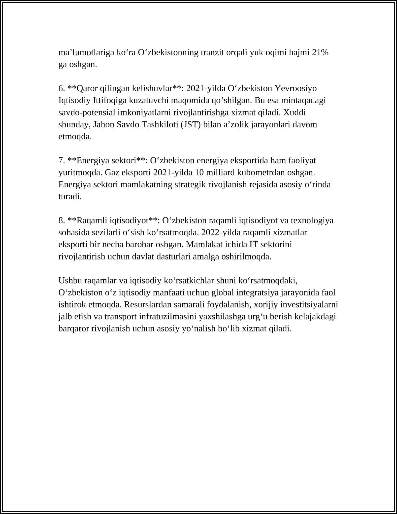 IQTISODIY JARAYONLARNING GLOBALLASHUVI SHAROITIDA O'ZBEKISTON MANFATLARI 4