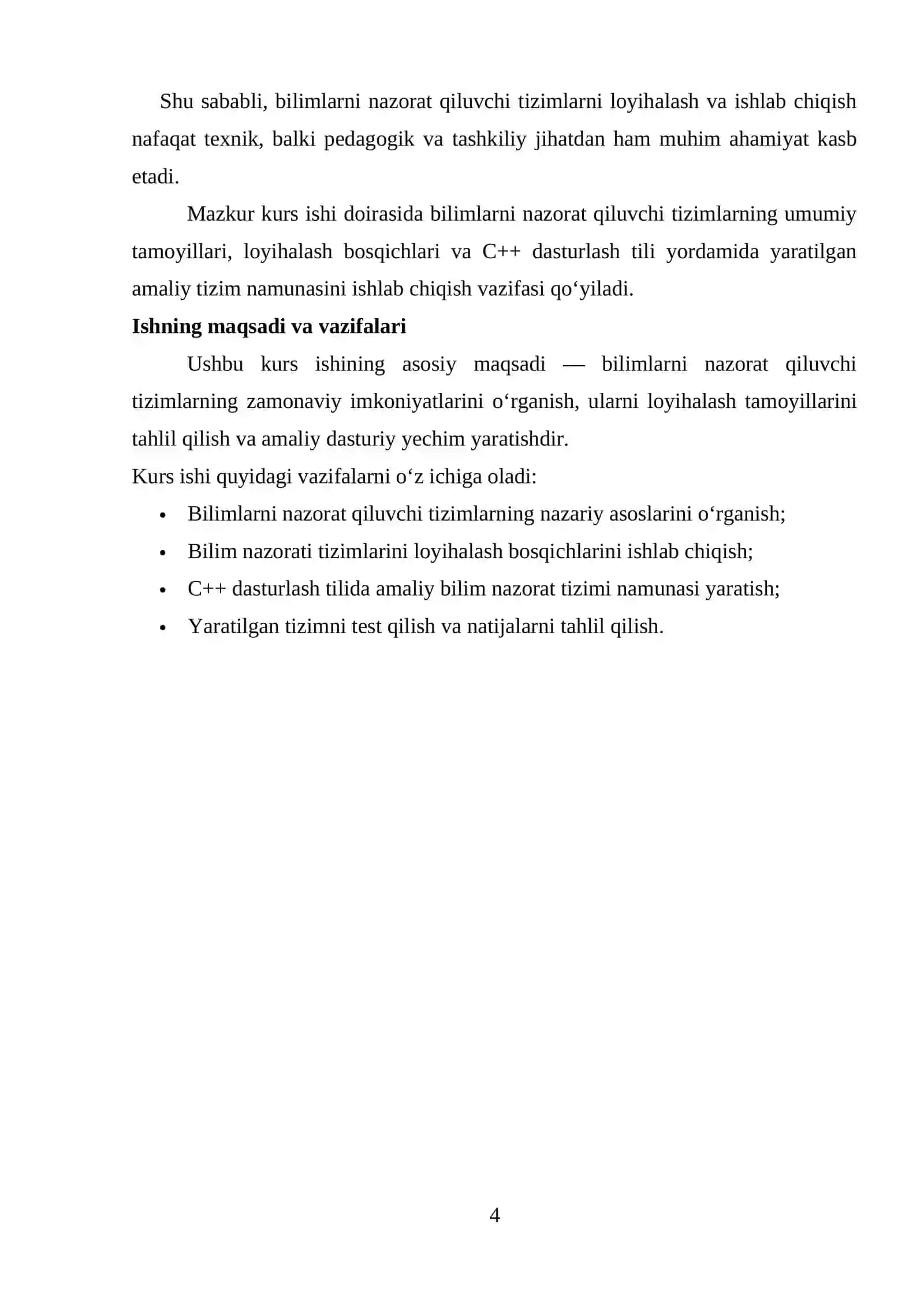 BILIMLARNI NAZORAT QILUVCHI TIZIMLAR LOYIHASINI LOYIHALASHTIRISH VA ISHLAB CHIQISH. 4