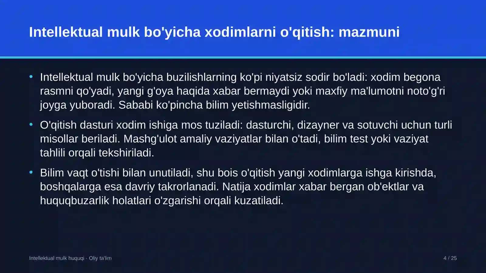 spa salonlarda intellektual mulk bo'yicha xodimlarni o'qitish 5134 4