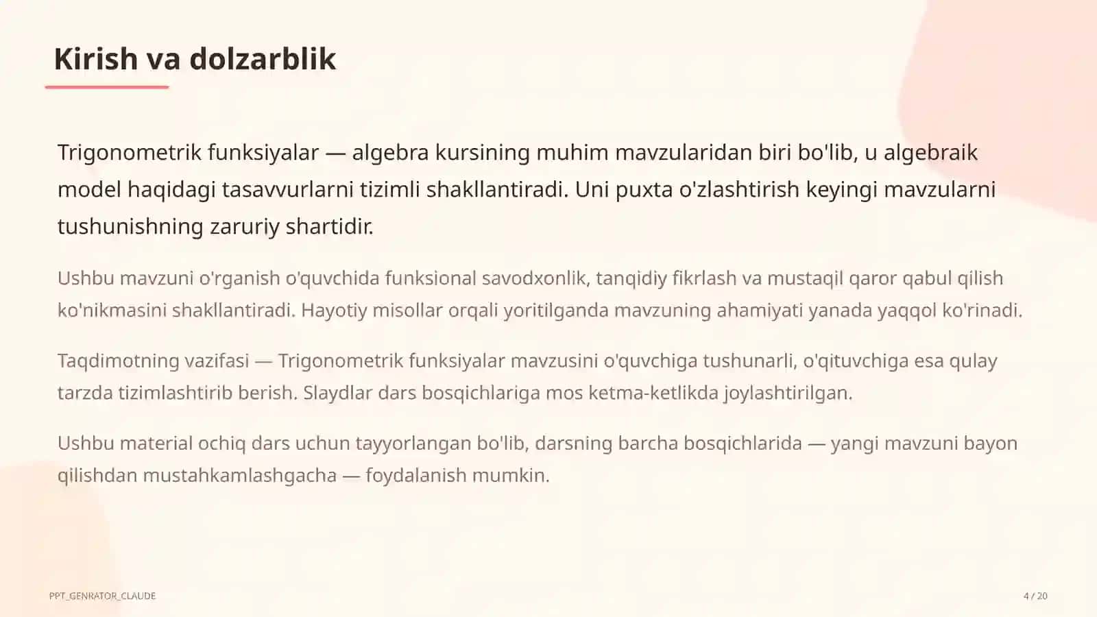 Trigonometrik funksiyalar (10-sinf) 4
