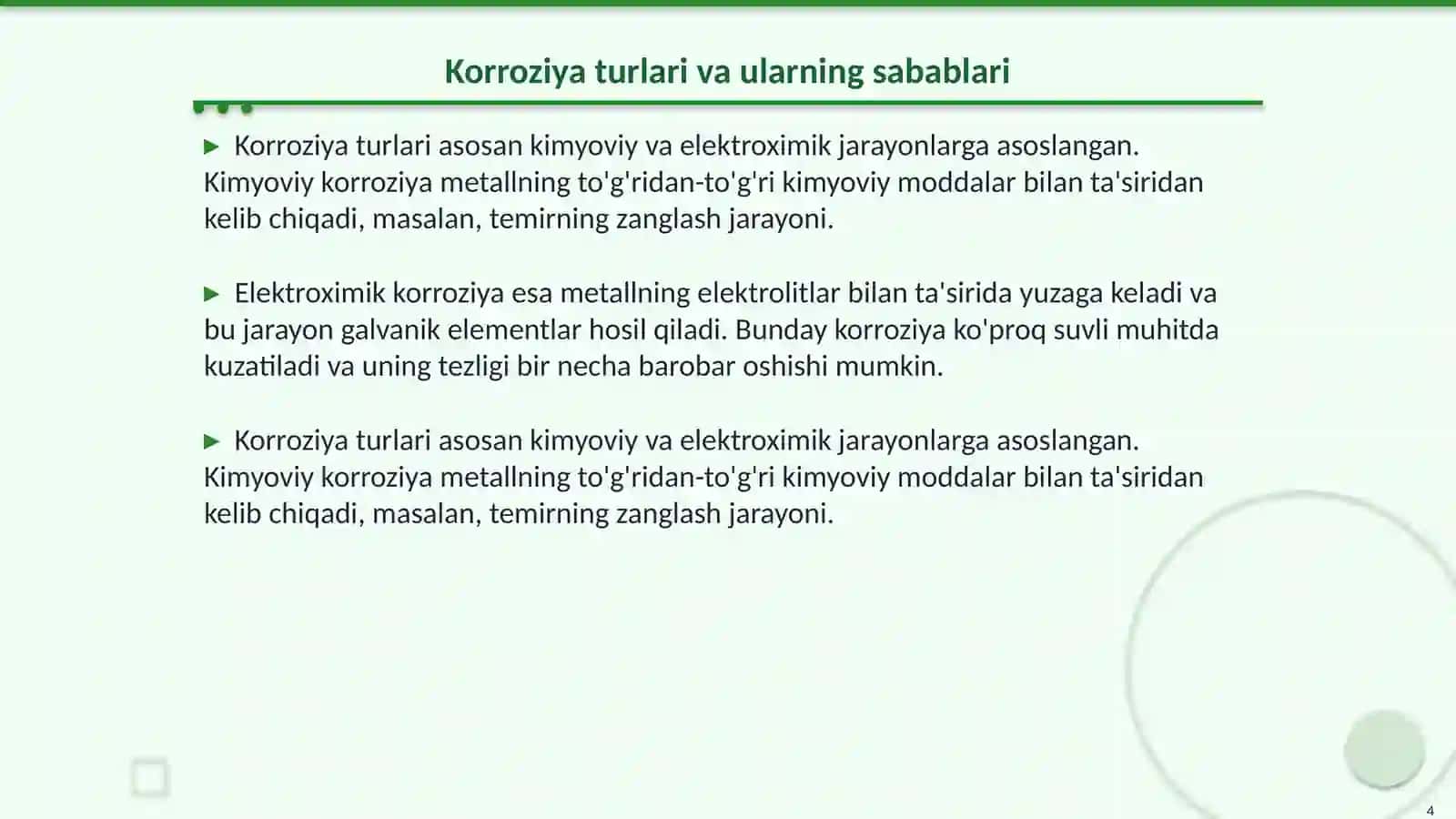 Metal korroziyasi turlari va korroziyadan himoya usullari 4