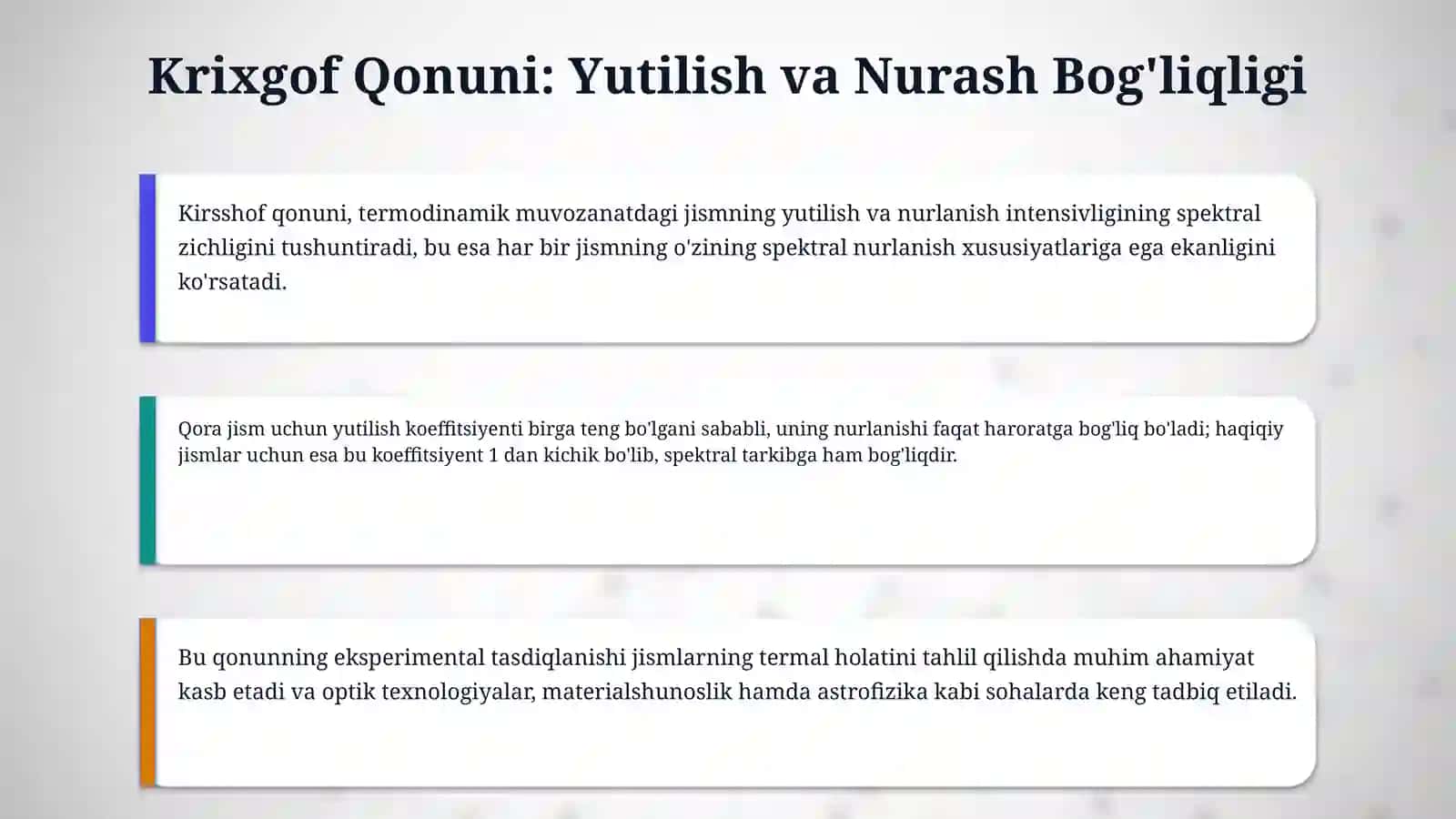 Issiqlik nurlanishi(Krixgof qonuni, Stefan-Boltsman qonuni,Vinning siljish qonuni, Reley-Djins qonuni, Plank ifodasi) 4