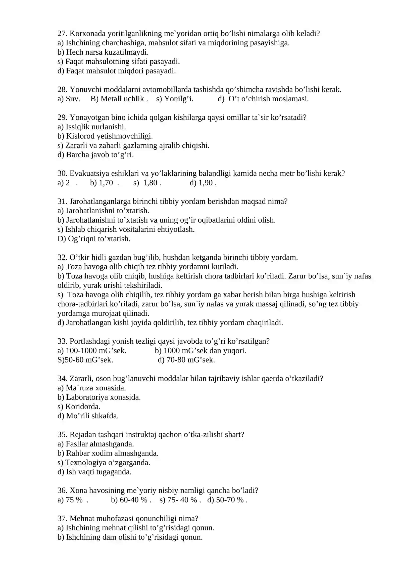 Mehnat muhofazasi va xavfsizlik texnikasi fanidan testlar 4