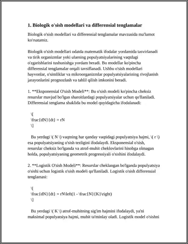 TIBBIY-BIOLOGIK MAZMUNDAGI DIFFERENSIAL TENGLAMALARNI TUZISH VA YESHISH 4