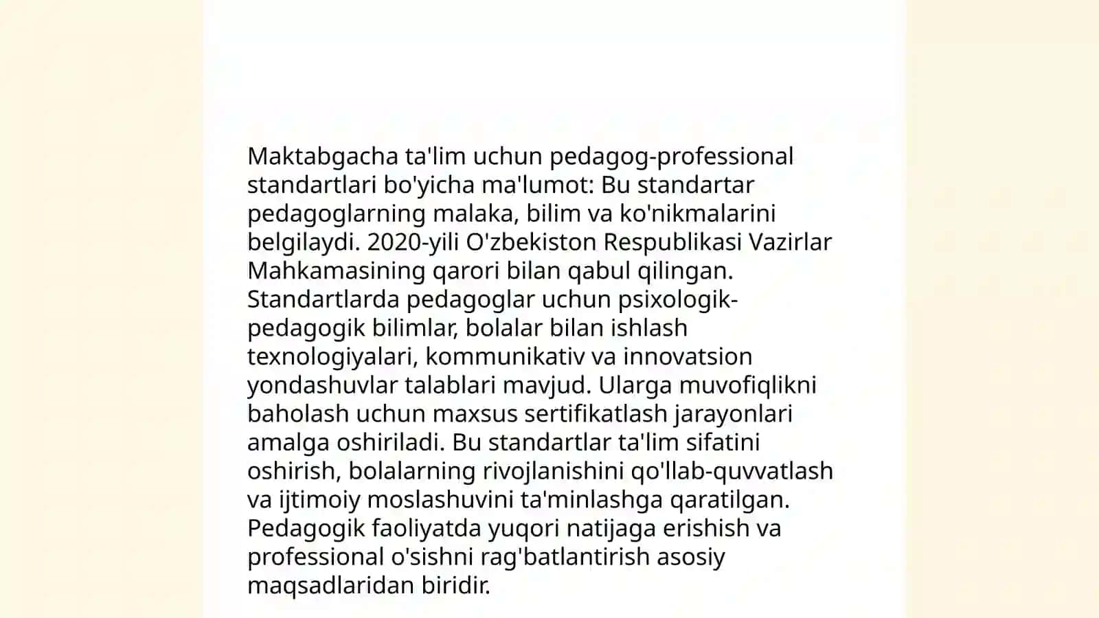 Maktabgacha taʼlim tizimida kadrlarni tayyorlash va sohaga qabul qilishga qoʻyiladigan talablar 4