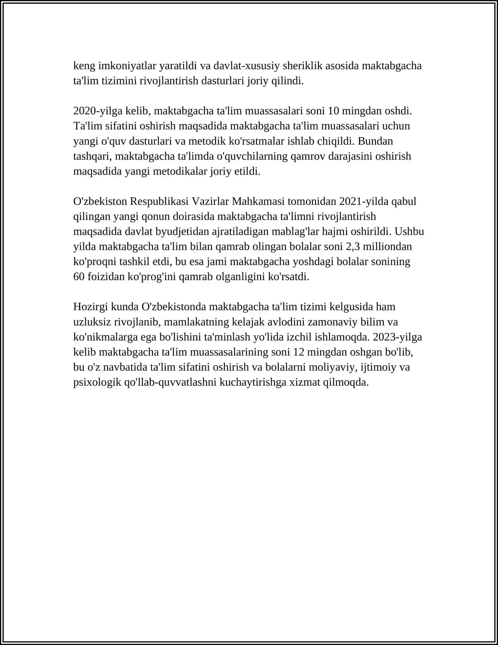 MUSTAQIL ISH Mavzu: MAKTABGACHA TA'LIM TARIXI. MUSTAQILLIK YILLARIDA MAKTABGACHA TA'LIM TIZIMIGA YANGICHA YONDASHUV 4