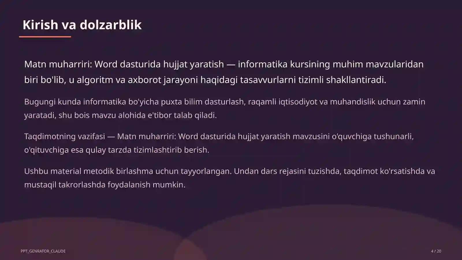 Matn muharriri: Word dasturida hujjat yaratish (6-sinf) 4