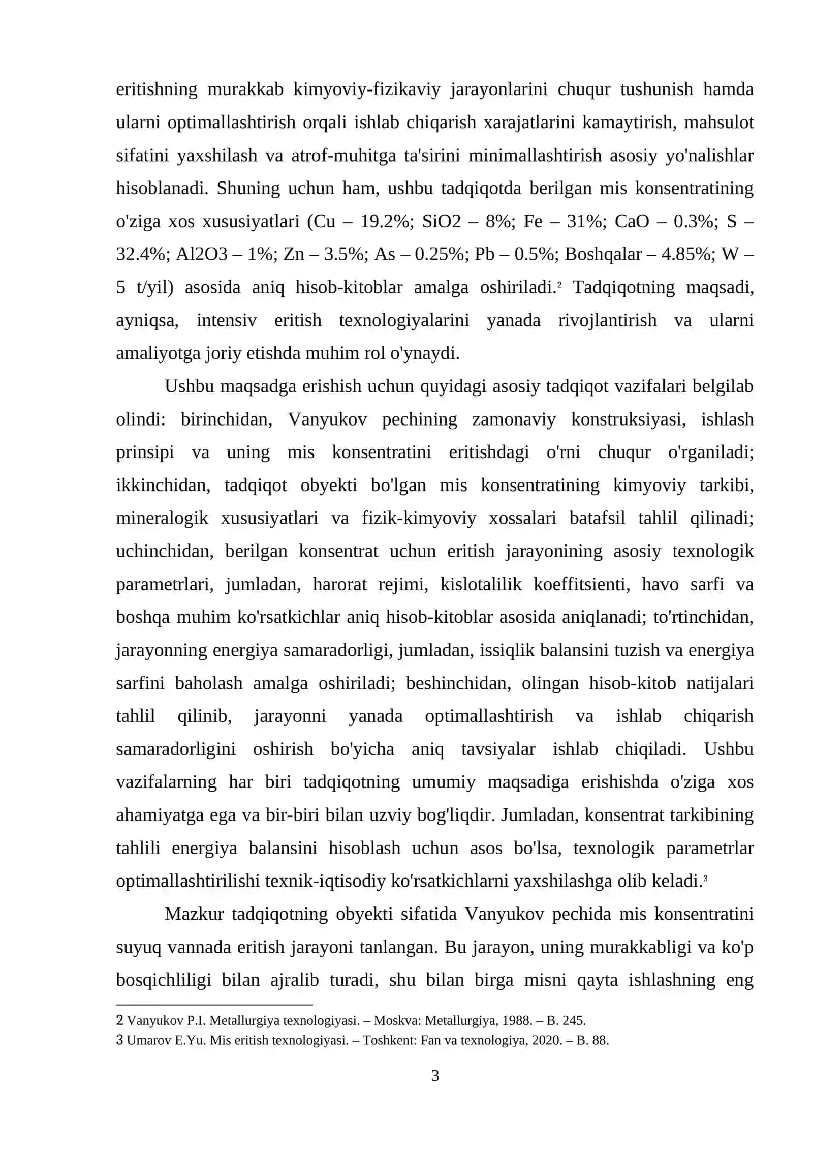Mis konsentratini Suyuq vannada eritish amaliyoti hisobi. (Vanyukov pechi). Cu – 19.2; SiO2 – 8; Fe – 31; CaO – 0.3; S – 32.4; Al2O3 – 1; Zn – 3.5; As – 0.25;Pb – 0.5; Boshqalar – 4.85; W – 5; Q = 290 000 t/yil 4