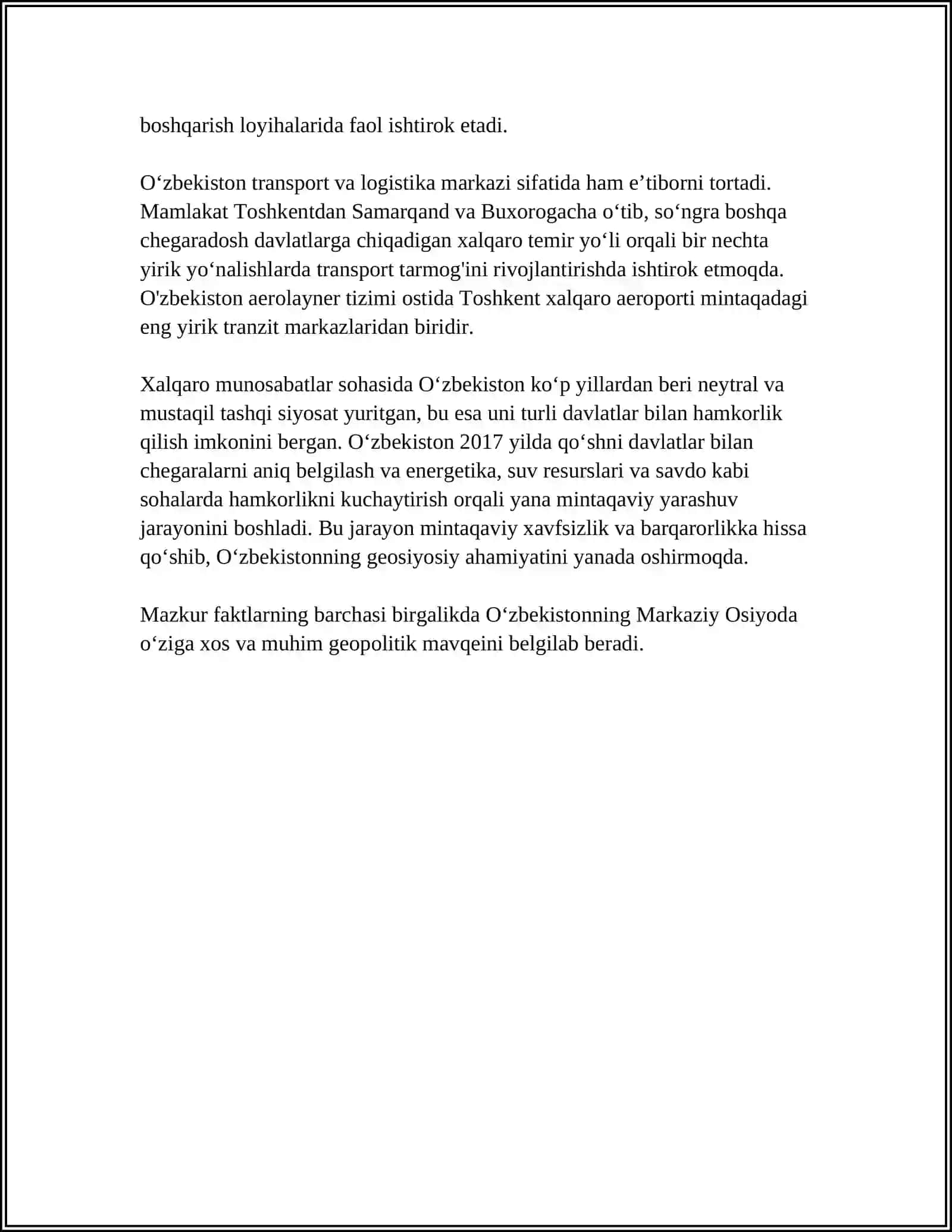 Oʻzbekistonning Markaziy OSIYODA TINCHLIK VA BARQARORLIKNI TAʼMINLASH 4
