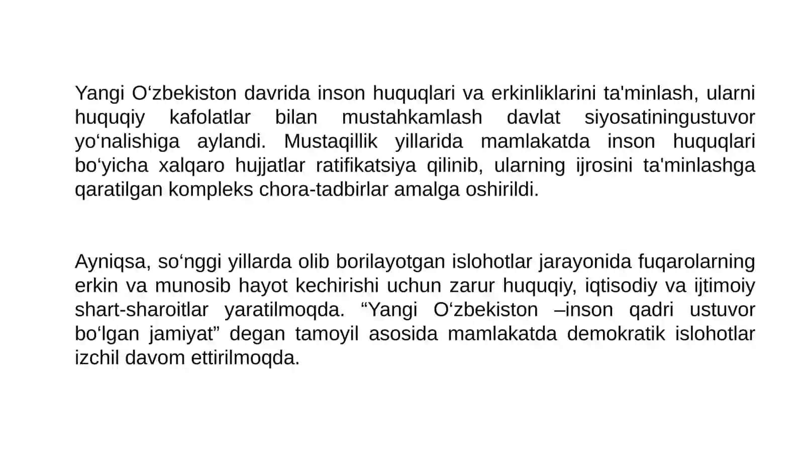 YANGI O‘ZBEKISTONDA INSON HAQ-HUQUQLARI VA ERKINLIKLARI KAFOLATINING YARATILISHI 4